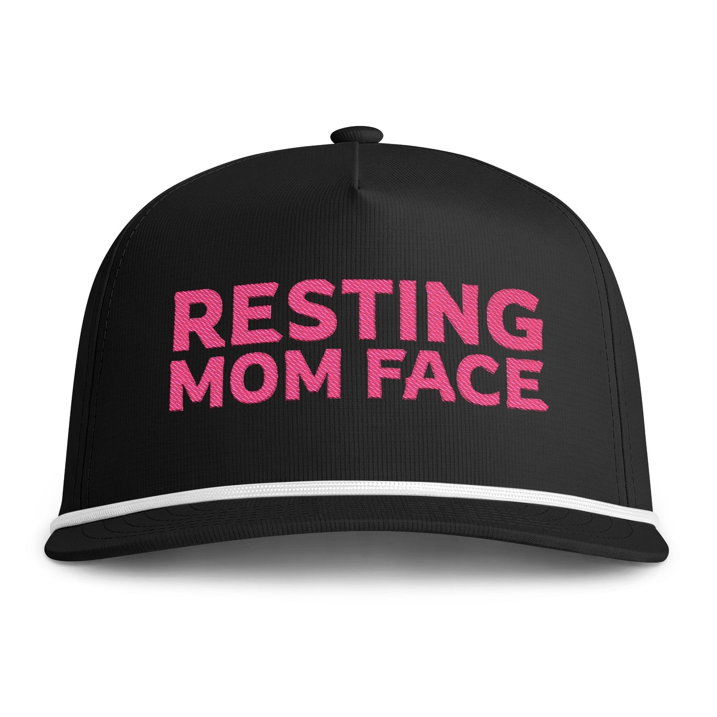 Image of a black hat with pink embroidery reading "Resting Mom Face"