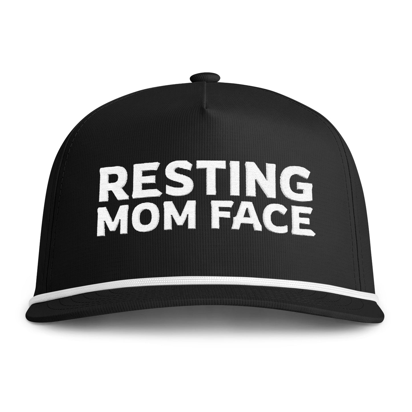 Image of a black hat with white embroidery reading "Resting Mom Face"