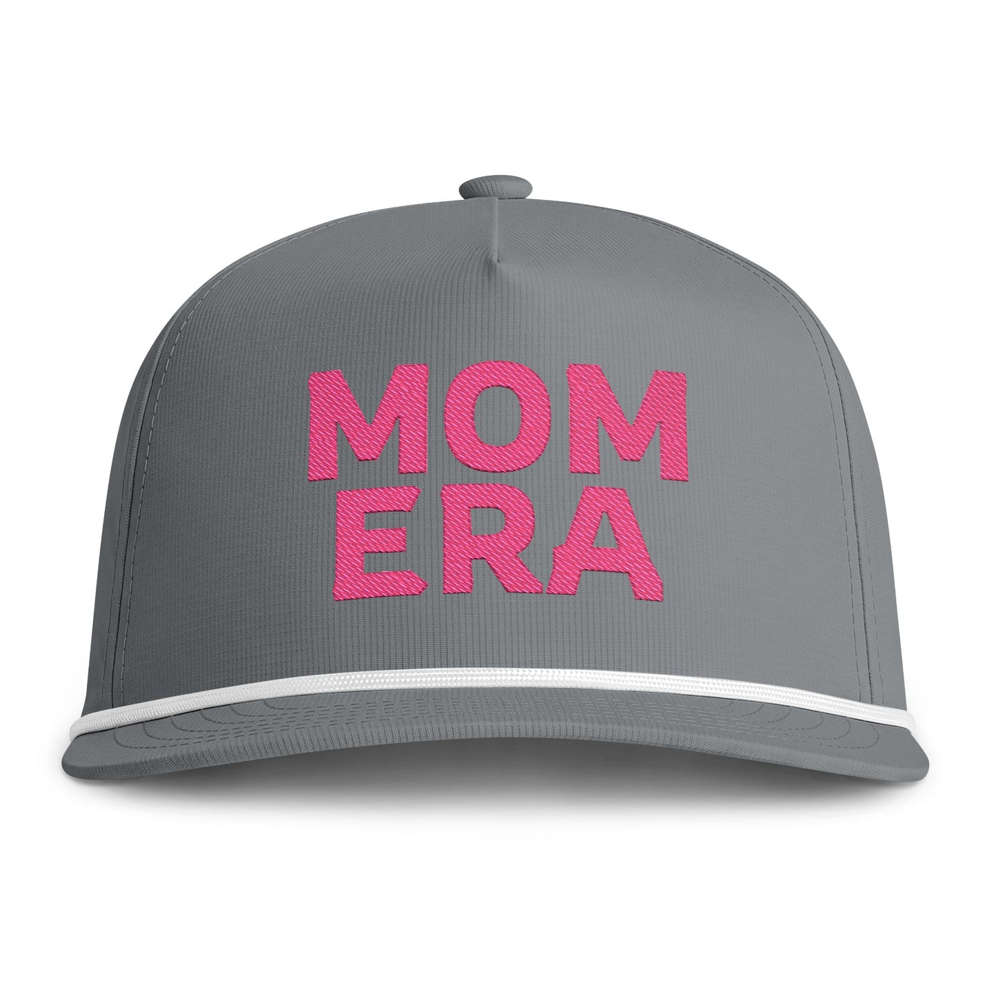 Image of a grey hat with pink embroidery reading "Mom Era"
