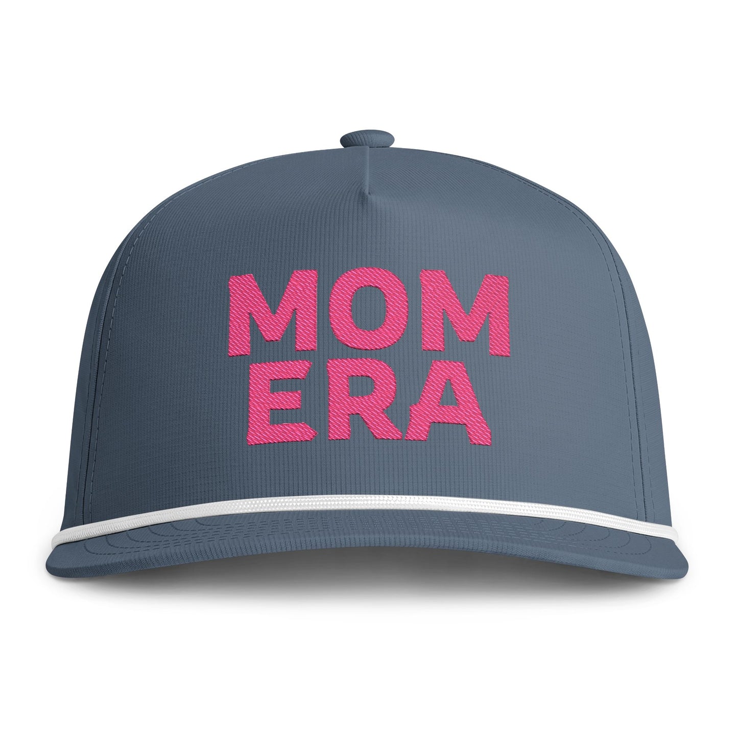 Image of an indigo hat with pink embroidery reading "Mom Era"