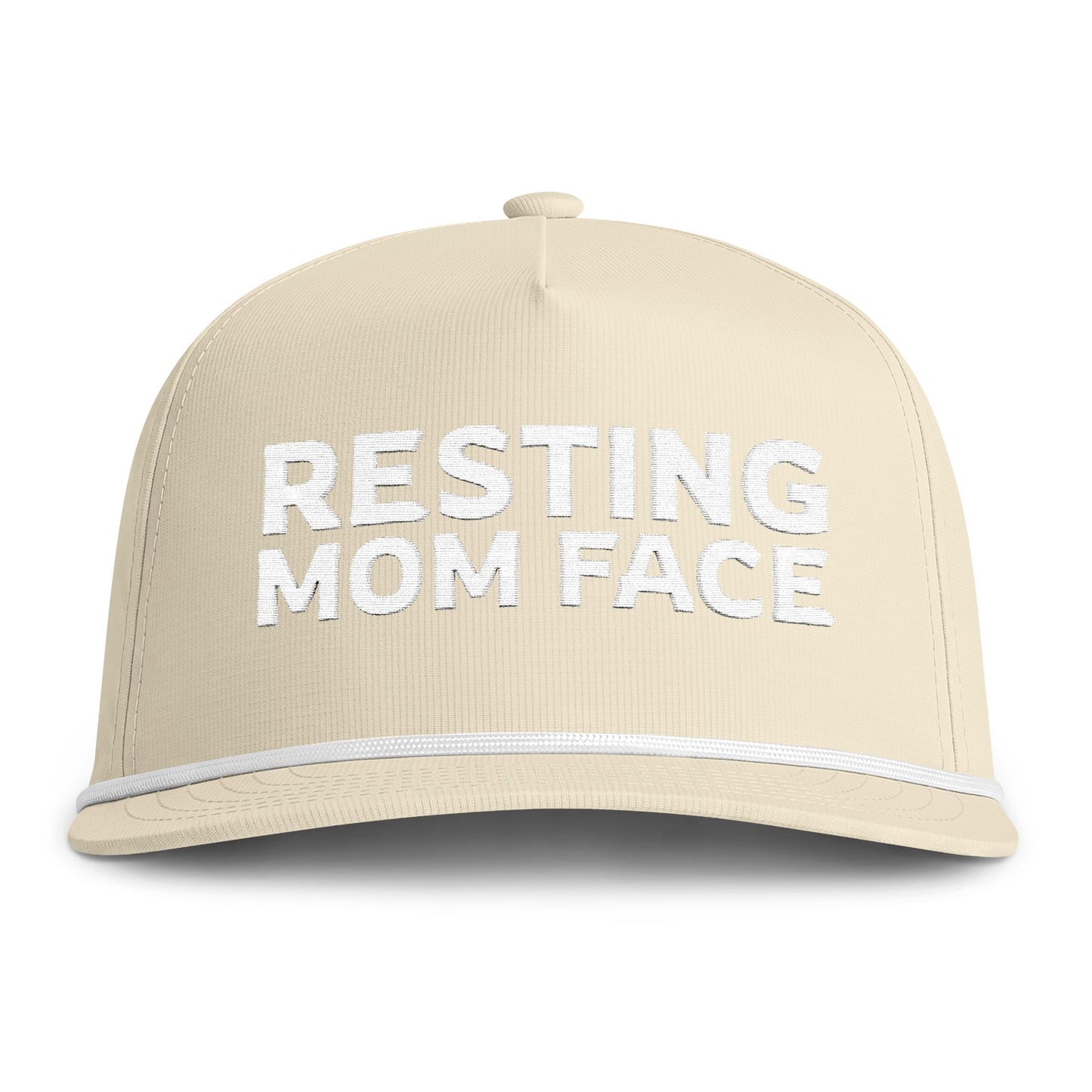 Image of an ivory hat with white embroidery reading "Resting Mom Face"