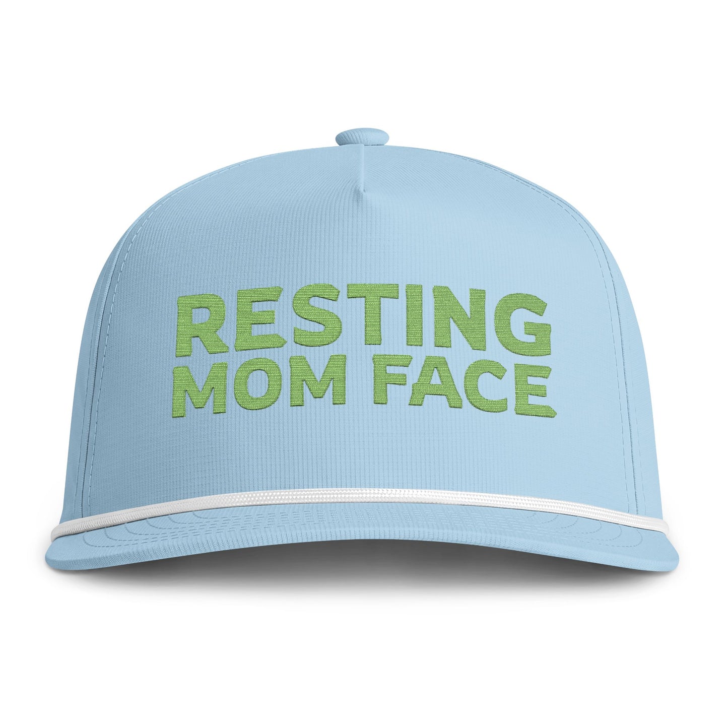 Image of a light blue hat with green embroidery reading "Resting Mom Face"