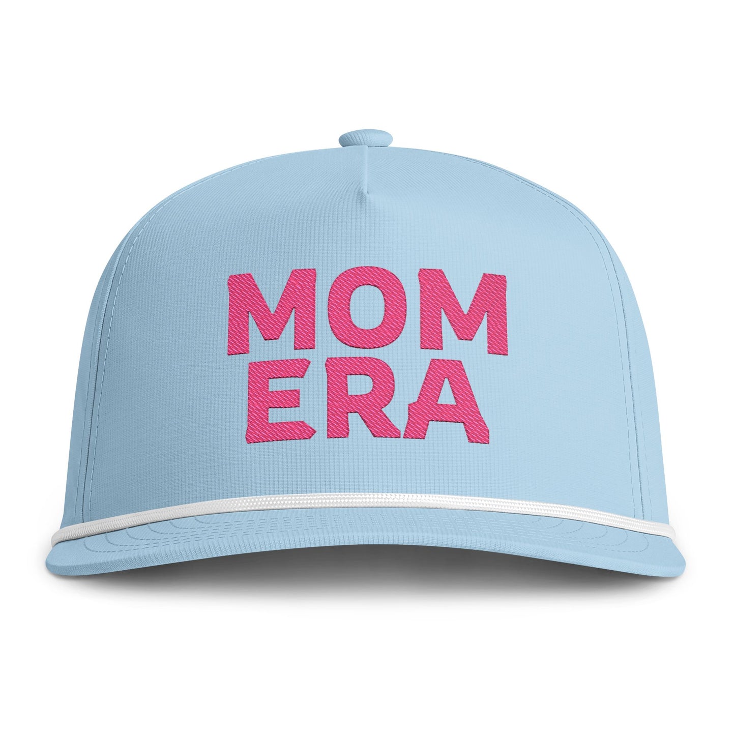 Image of a light blue hat with pink embroidery reading "Mom Era"