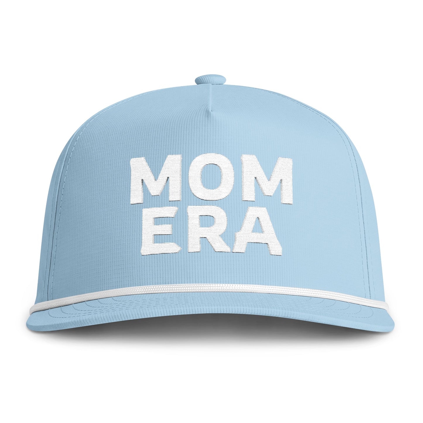 Image of a light blue hat with white embroidery reading "Mom Era"