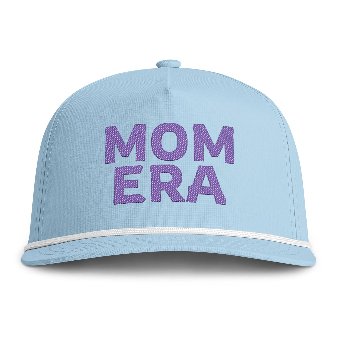 Image of a light blue hat with Purple embroidery reading "Mom Era"