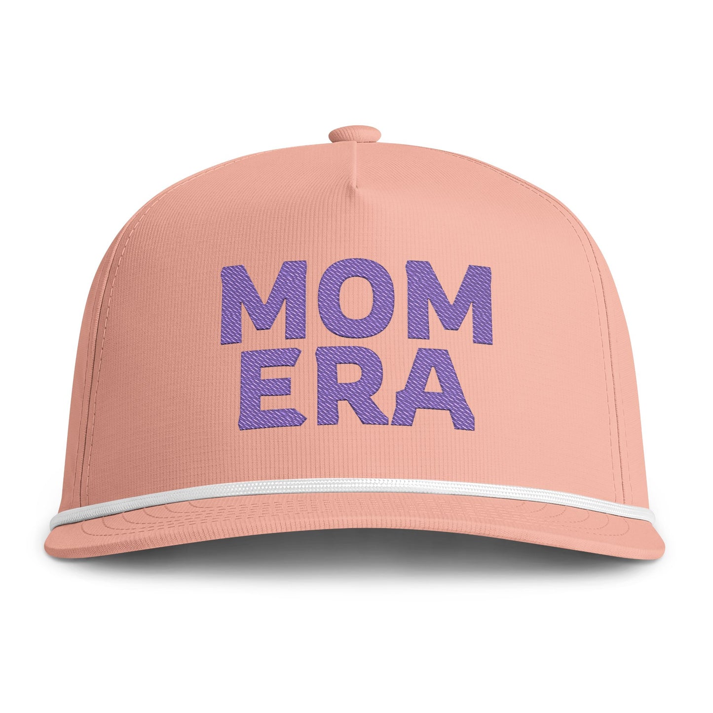 Image of a peach hat with Purple embroidery reading "Mom Era"