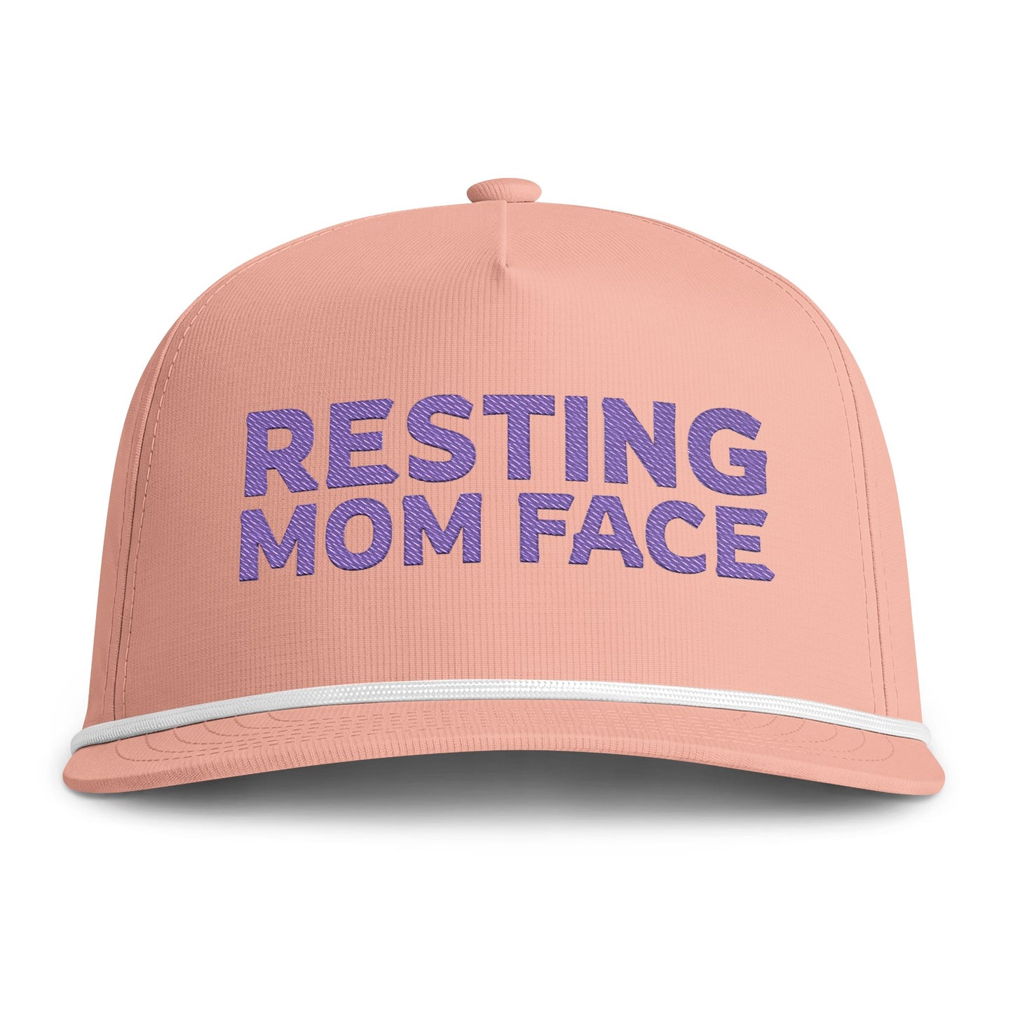 Image of a peach hat with purple embroidery reading "Resting Mom Face"