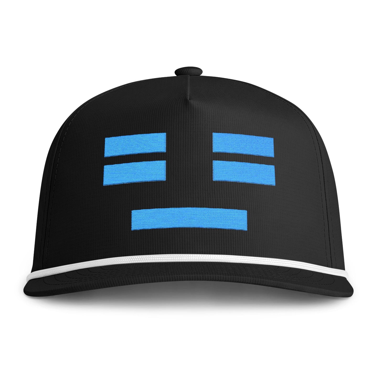 Image of a black hat with an embroidered blue resting face icon