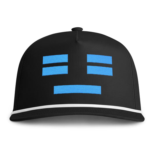 Image of a black hat with an embroidered blue resting face icon