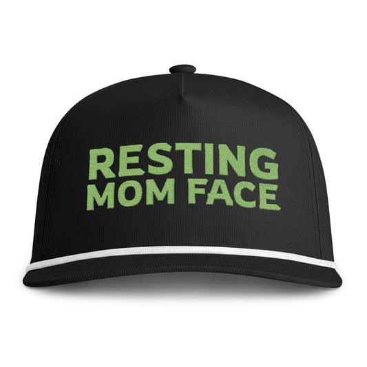 Image of a black hat with green embroidery reading "Resting Mom Face"