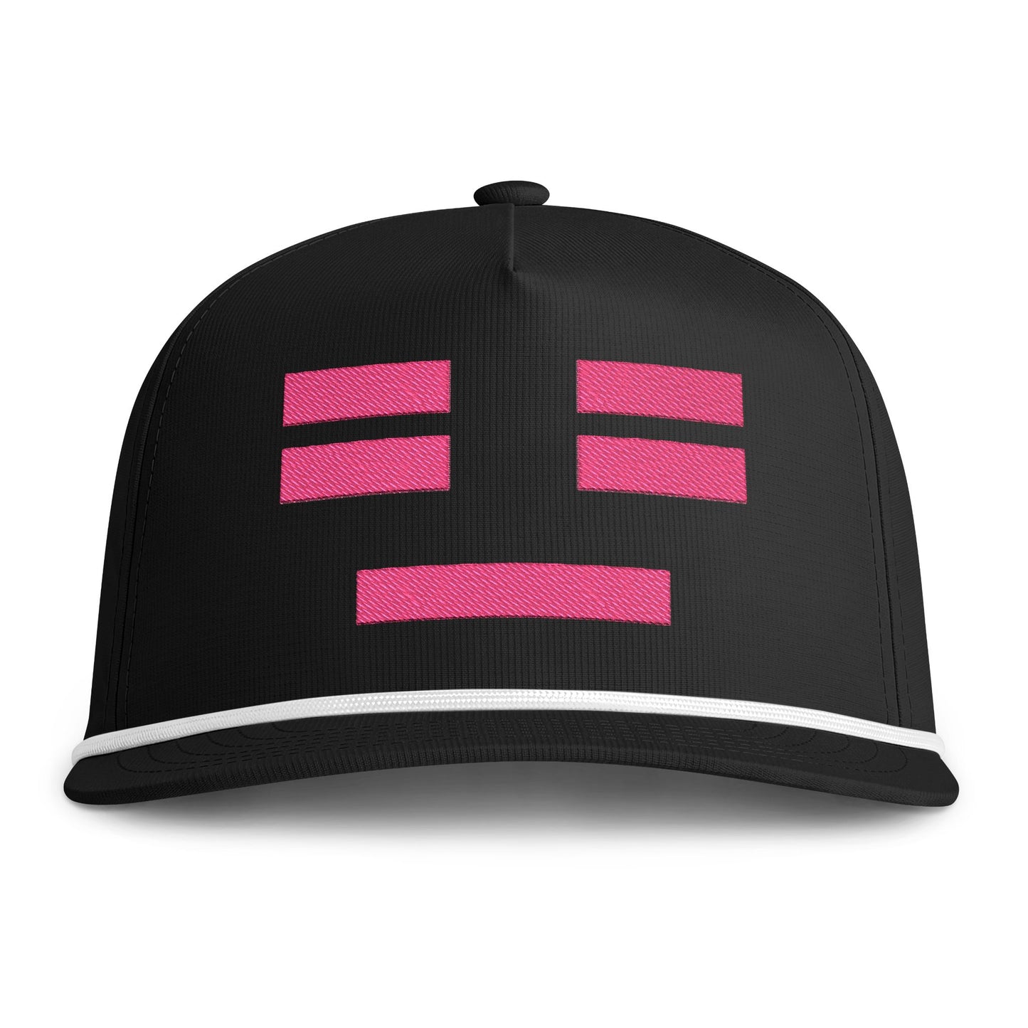Image of a black hat with an embroidered pink resting face icon