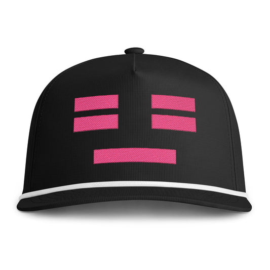 Image of a black hat with an embroidered pink resting face icon