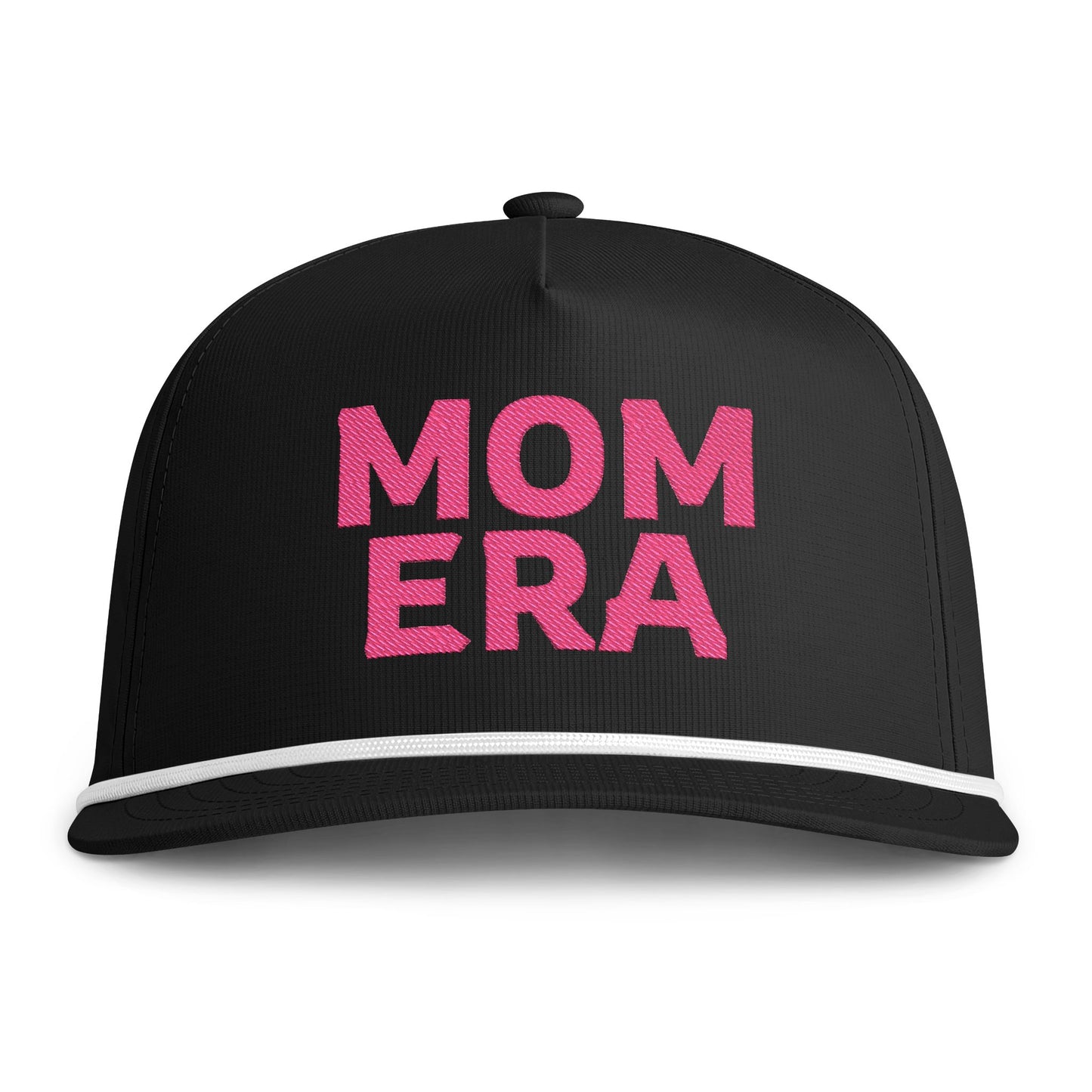 Image of a black hat with pink embroidery reading "Mom Era"