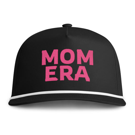 Image of a black hat with pink embroidery reading "Mom Era"