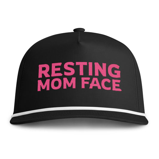Image of a black hat with pink embroidery reading "Resting Mom Face"