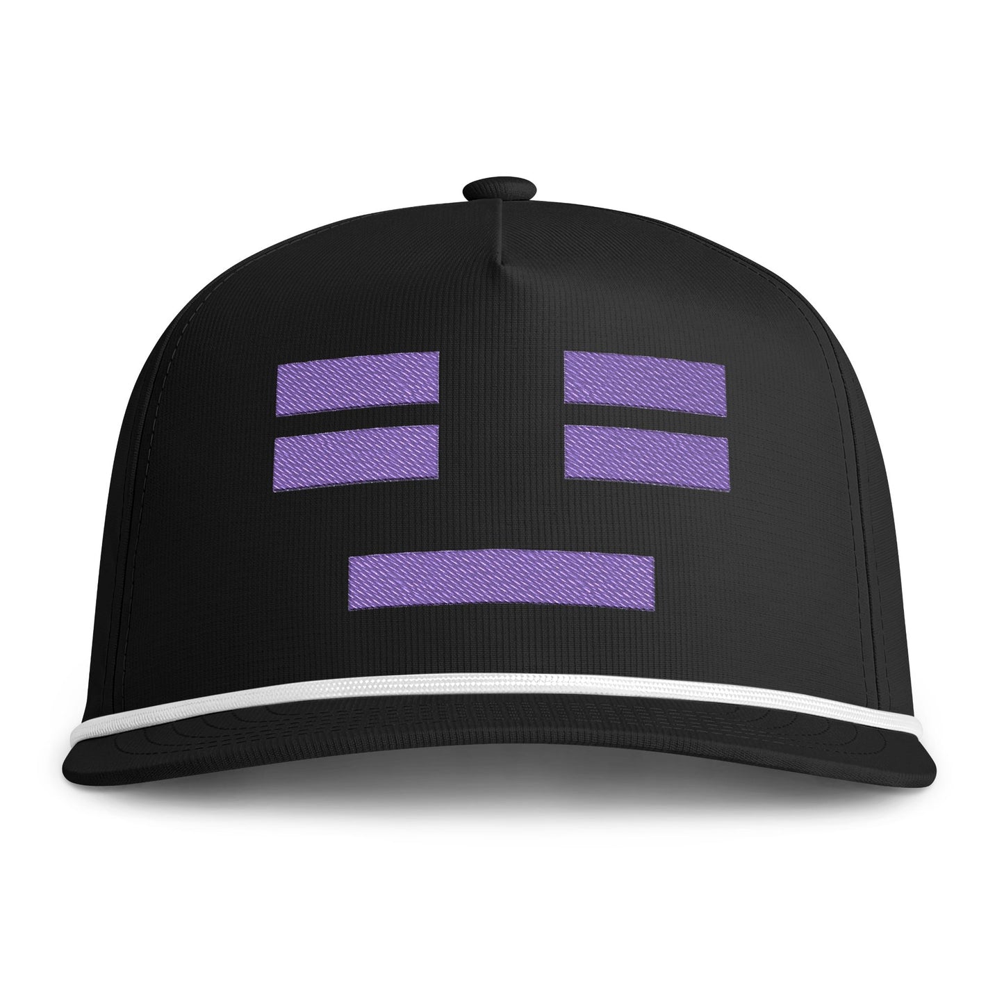 Image of a black hat with an embroidered purple resting face icon