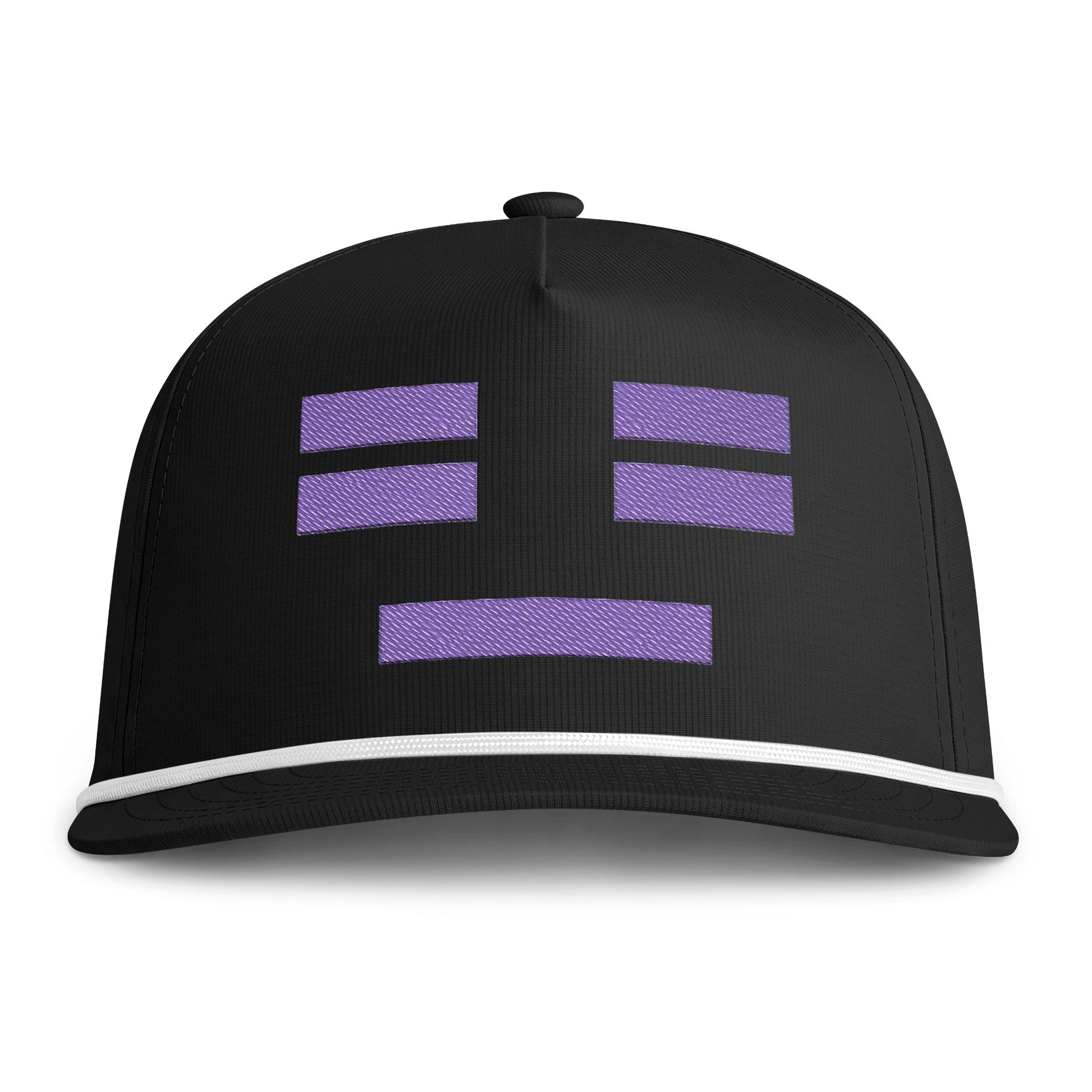 Image of a black hat with an embroidered purple resting face icon