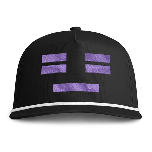 Image of a black hat with an embroidered purple resting face icon