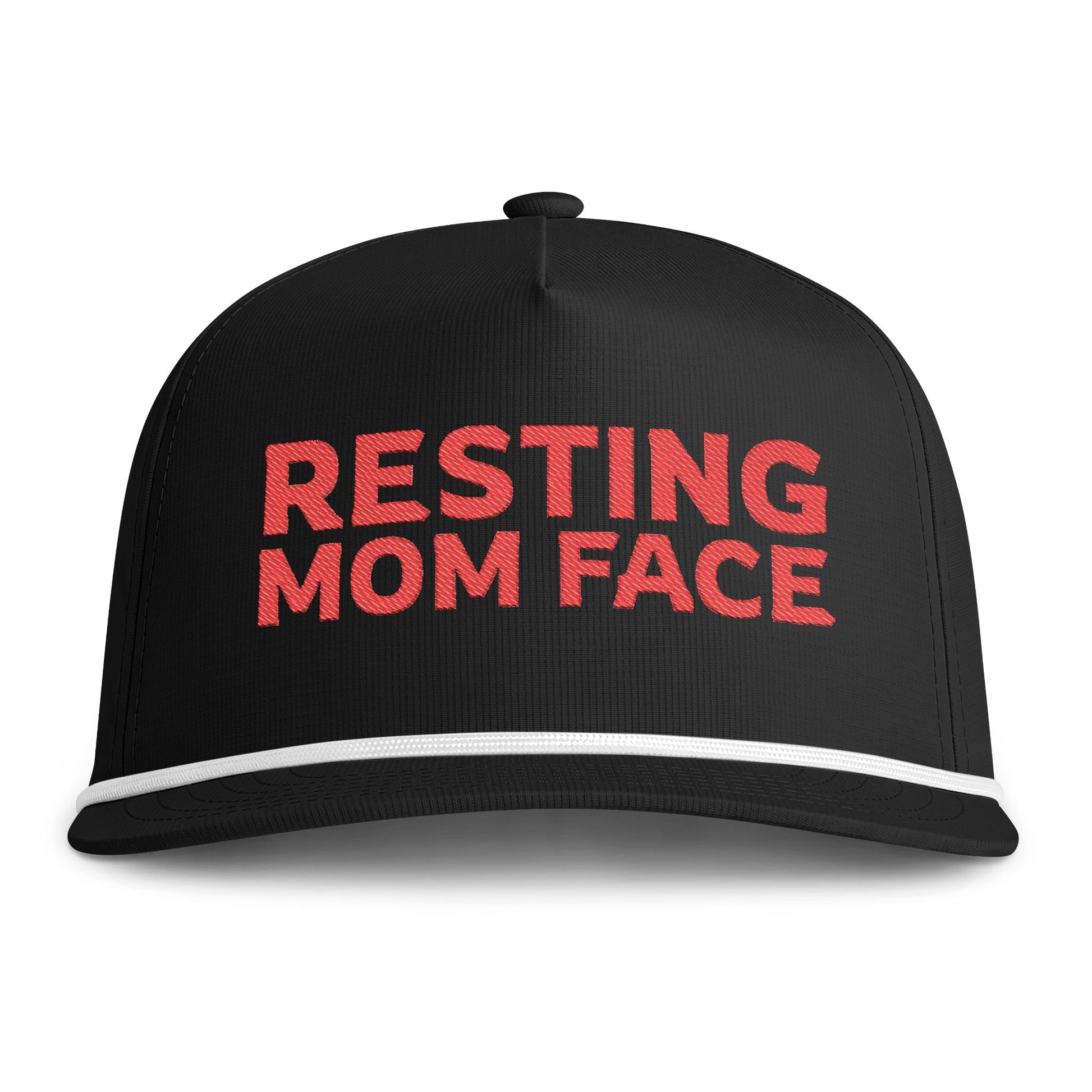 Image of a black hat with red embroidery reading "Resting Mom Face"