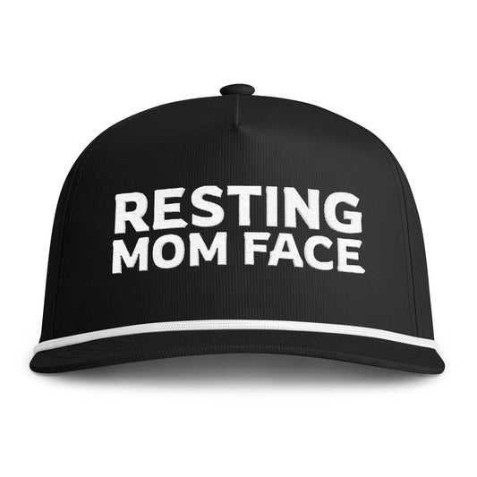 Image of a black hat with white embroidery reading "Resting Mom Face"