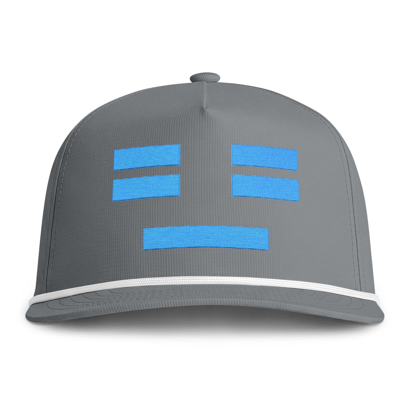 Image of a grey hat with an embroidered blue resting face icon