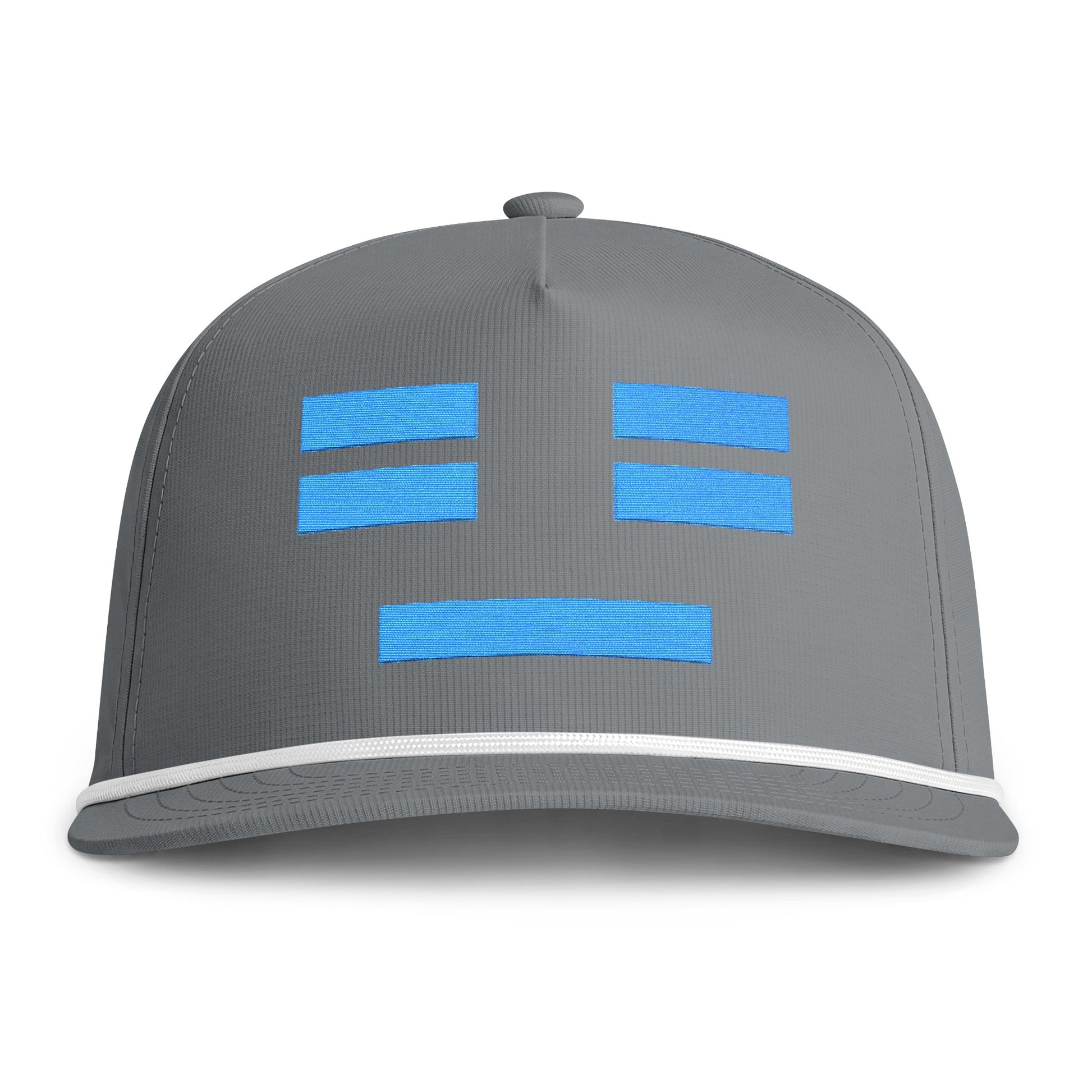 Image of a grey hat with an embroidered blue resting face icon