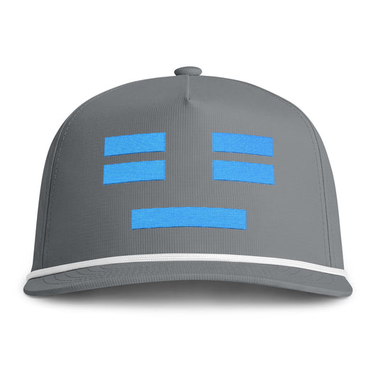 Image of a grey hat with an embroidered blue resting face icon