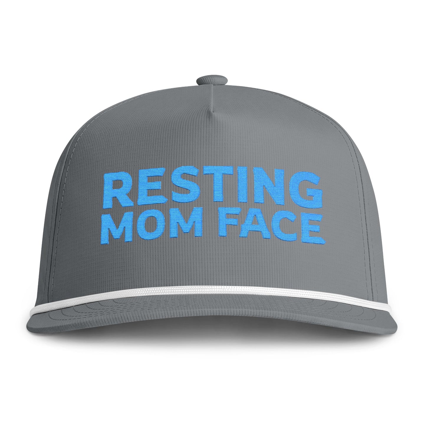 Image of a grey hat with blue embroidery reading "Resting Mom Face"