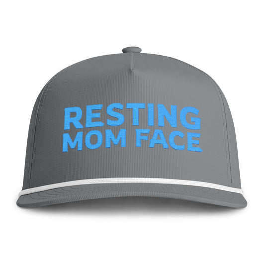 Image of a grey hat with blue embroidery reading "Resting Mom Face"