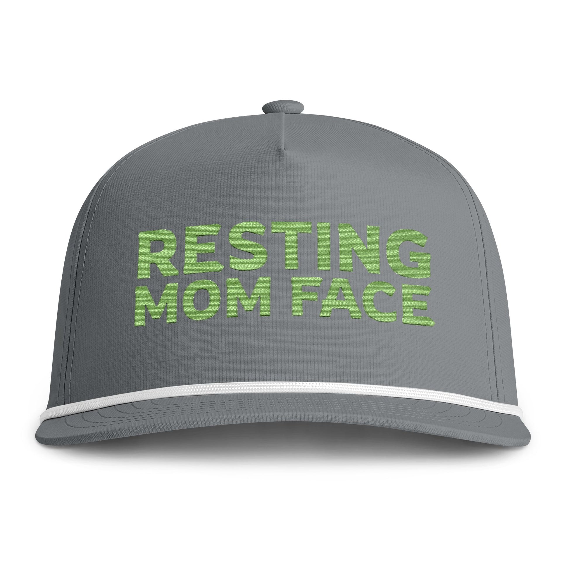 Image of a grey hat with green embroidery reading "Resting Mom Face"
