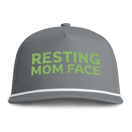 Image of a grey hat with green embroidery reading "Resting Mom Face"