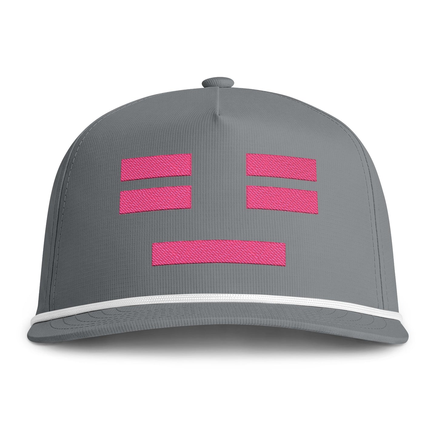 Image of a grey hat with an embroidered pink resting face icon