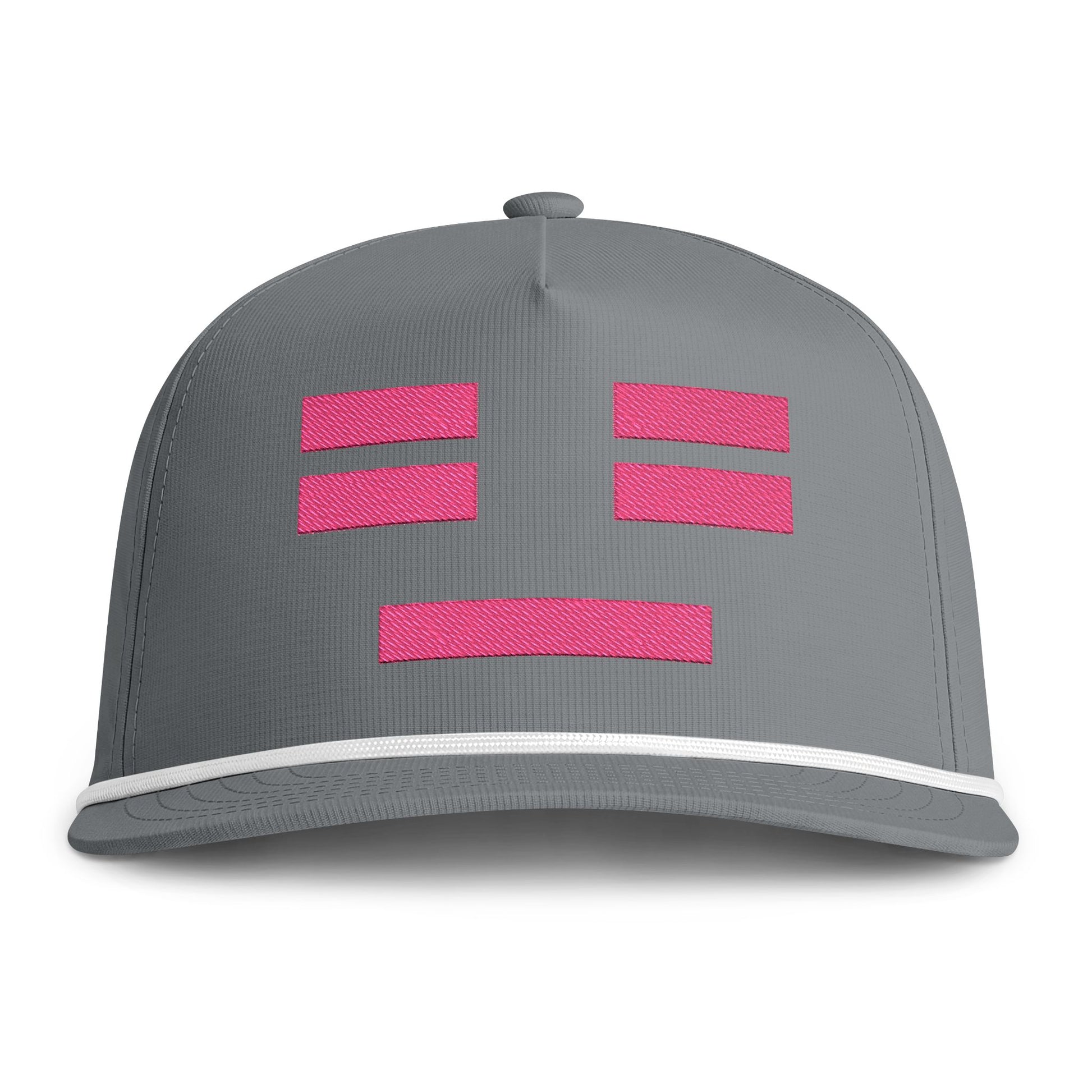 Image of a grey hat with an embroidered pink resting face icon