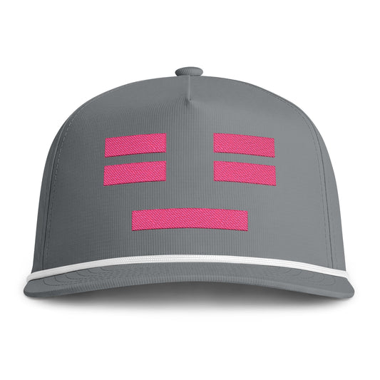 Image of a grey hat with an embroidered pink resting face icon