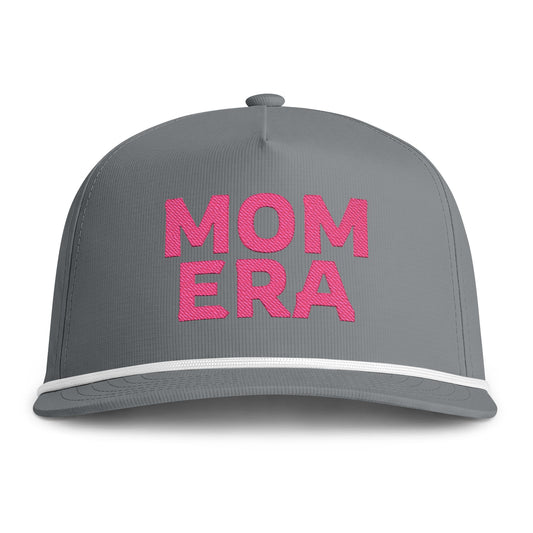 Image of a grey hat with pink embroidery reading "Mom Era"