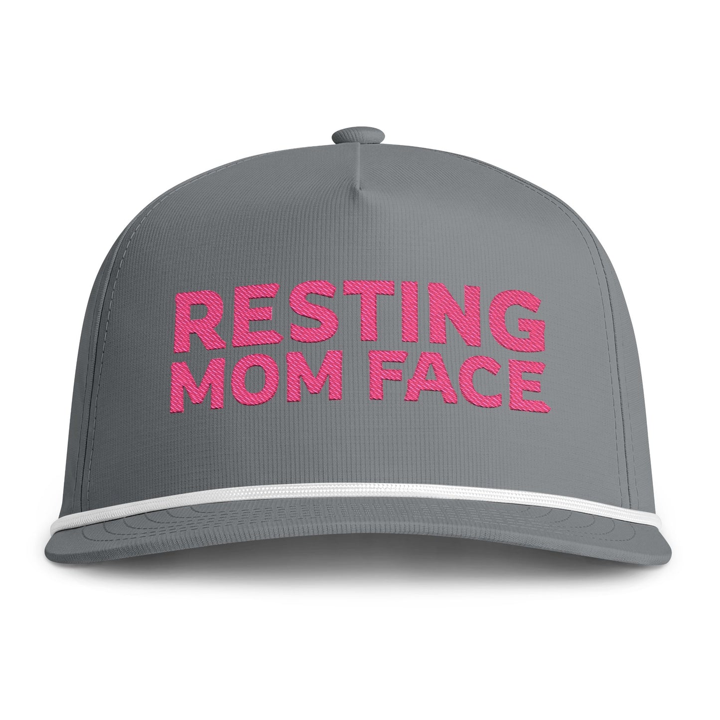 Image of a grey hat with pink embroidery reading "Resting Mom Face"
