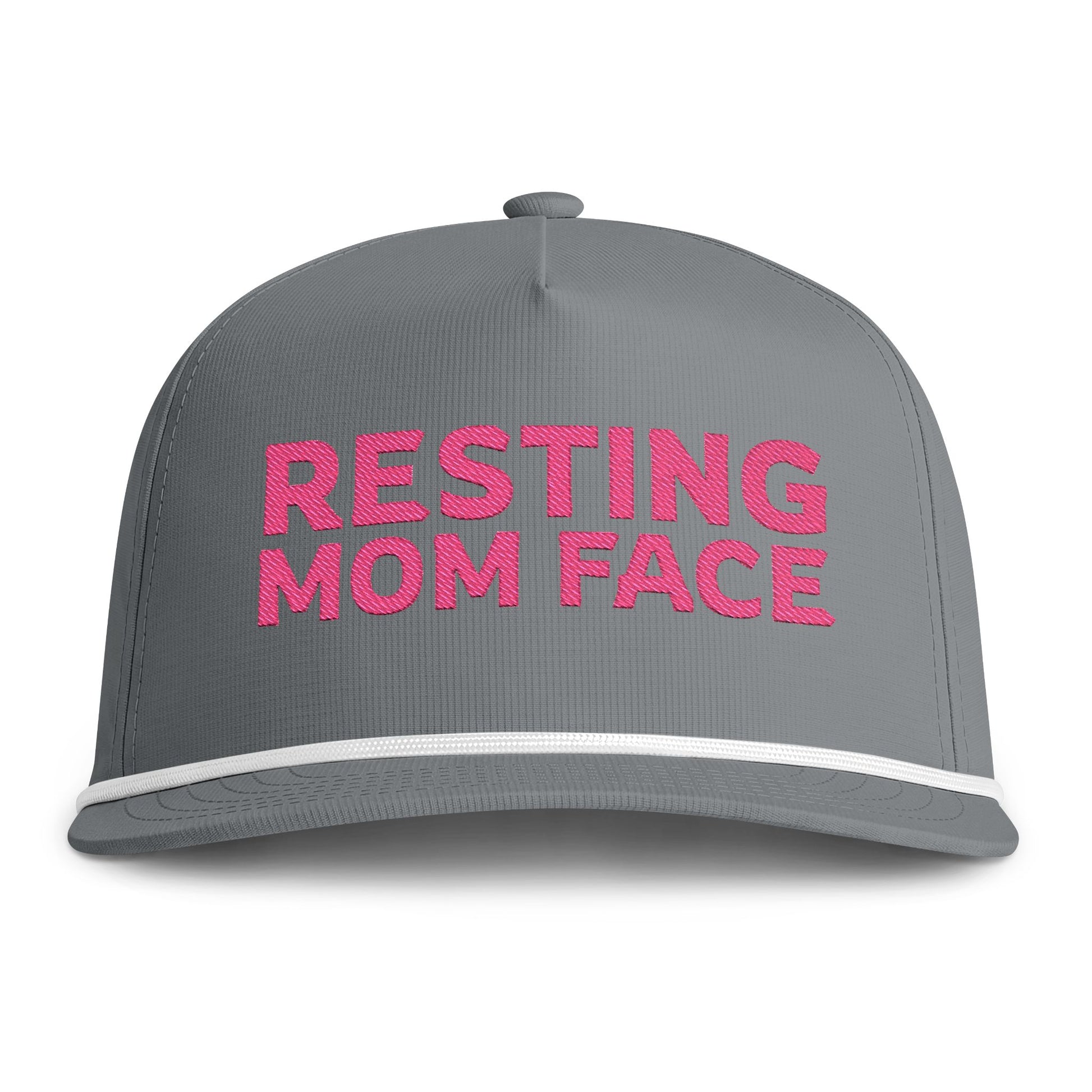 Image of a grey hat with pink embroidery reading "Resting Mom Face"