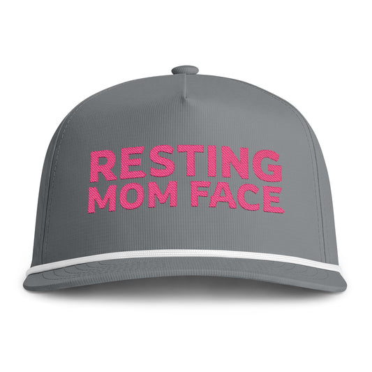 Image of a grey hat with pink embroidery reading "Resting Mom Face"