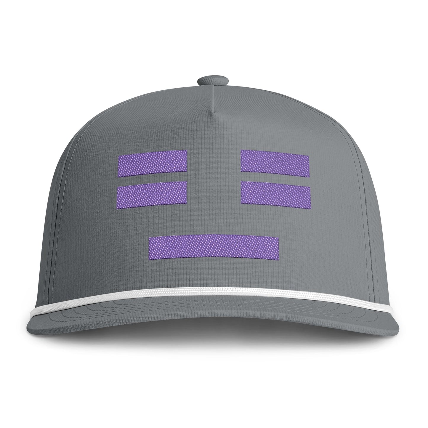 Image of a grey hat with an embroidered purple resting face icon
