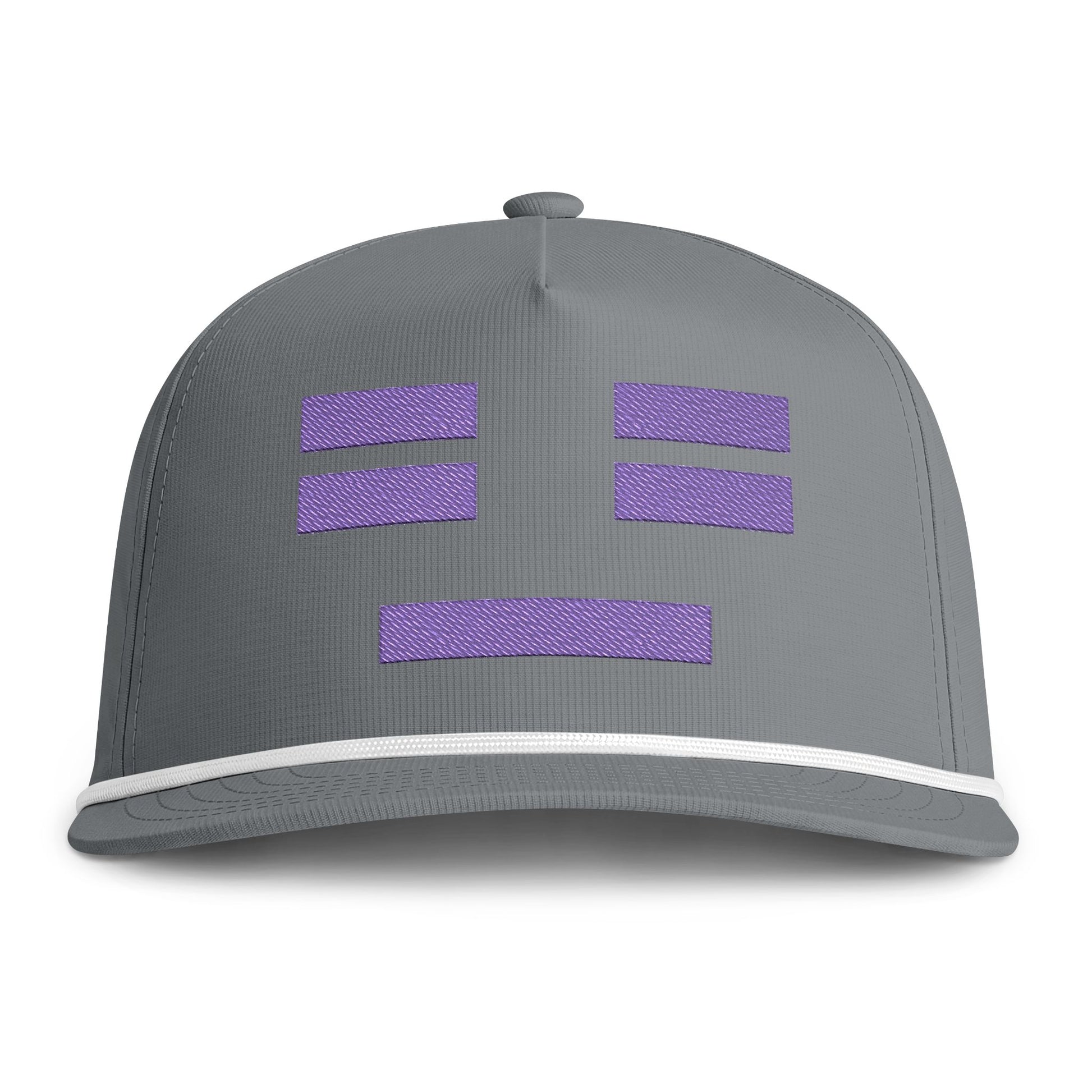 Image of a grey hat with an embroidered purple resting face icon
