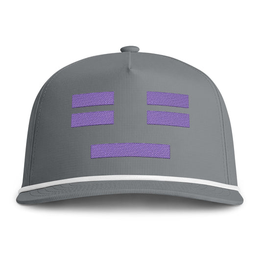 Image of a grey hat with an embroidered purple resting face icon