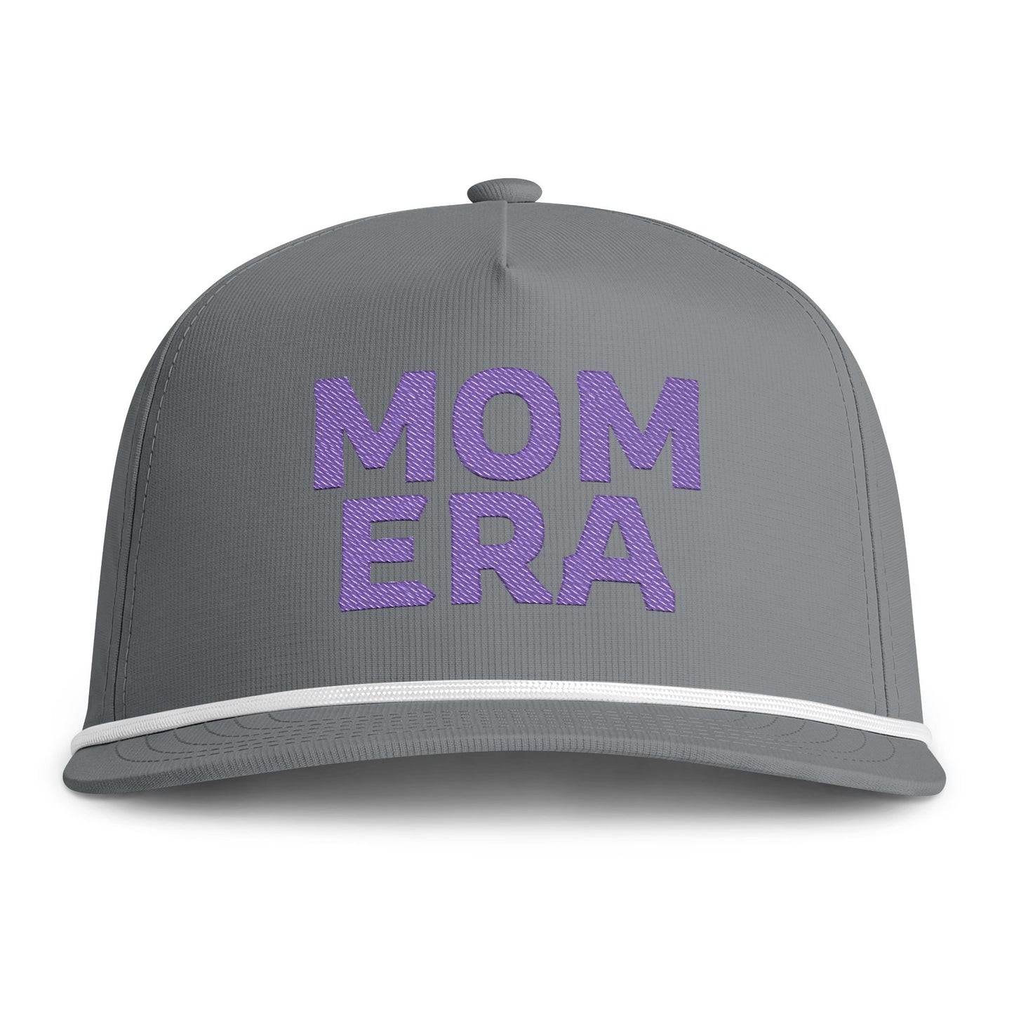 Image of a grey hat with Purple embroidery reading "Mom Era"