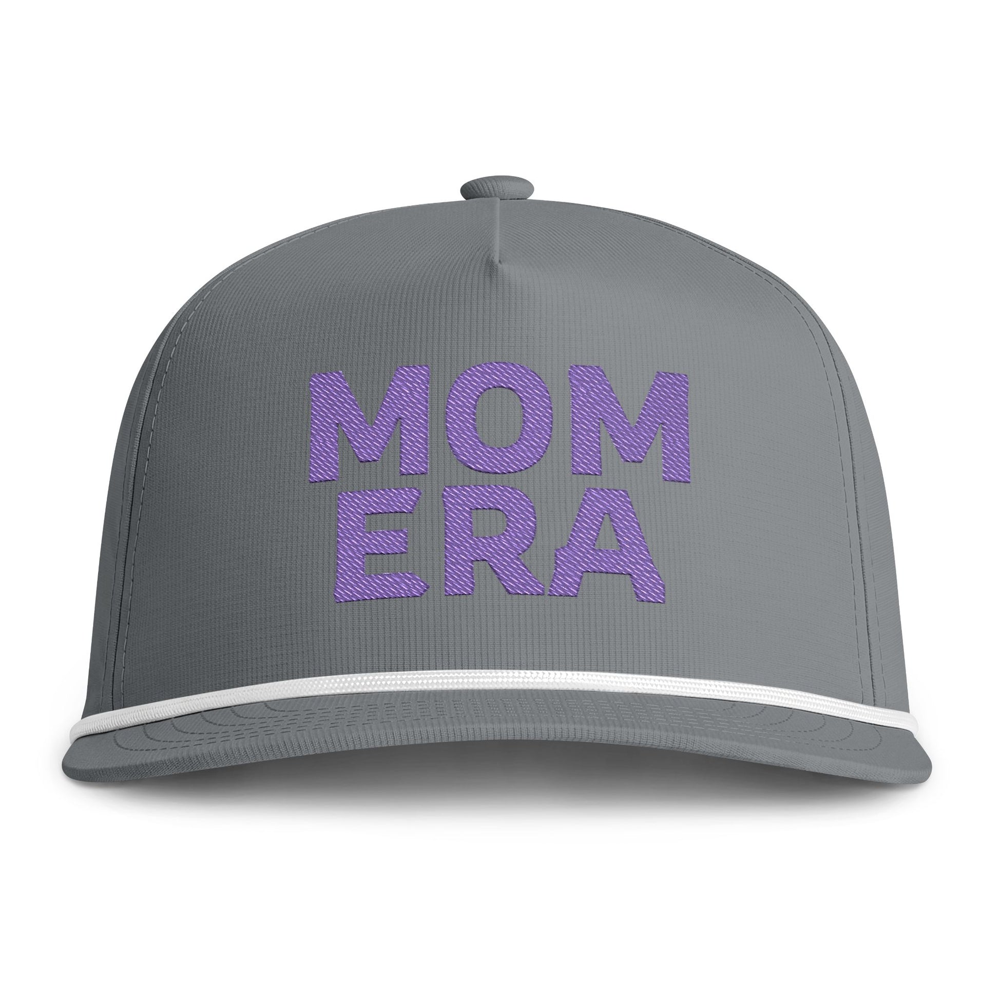 Image of a grey hat with Purple embroidery reading "Mom Era"
