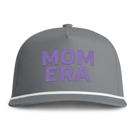 Image of a grey hat with Purple embroidery reading "Mom Era"