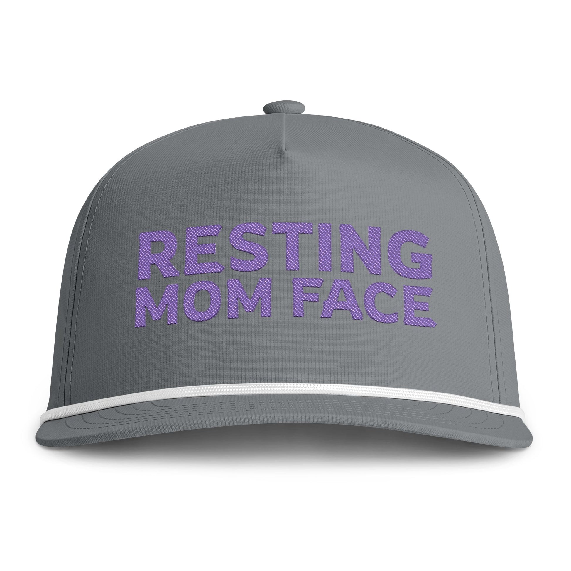 Image of a grey hat with purple embroidery reading "Resting Mom Face"