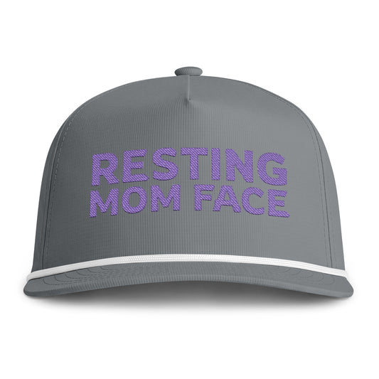 Image of a grey hat with purple embroidery reading "Resting Mom Face"
