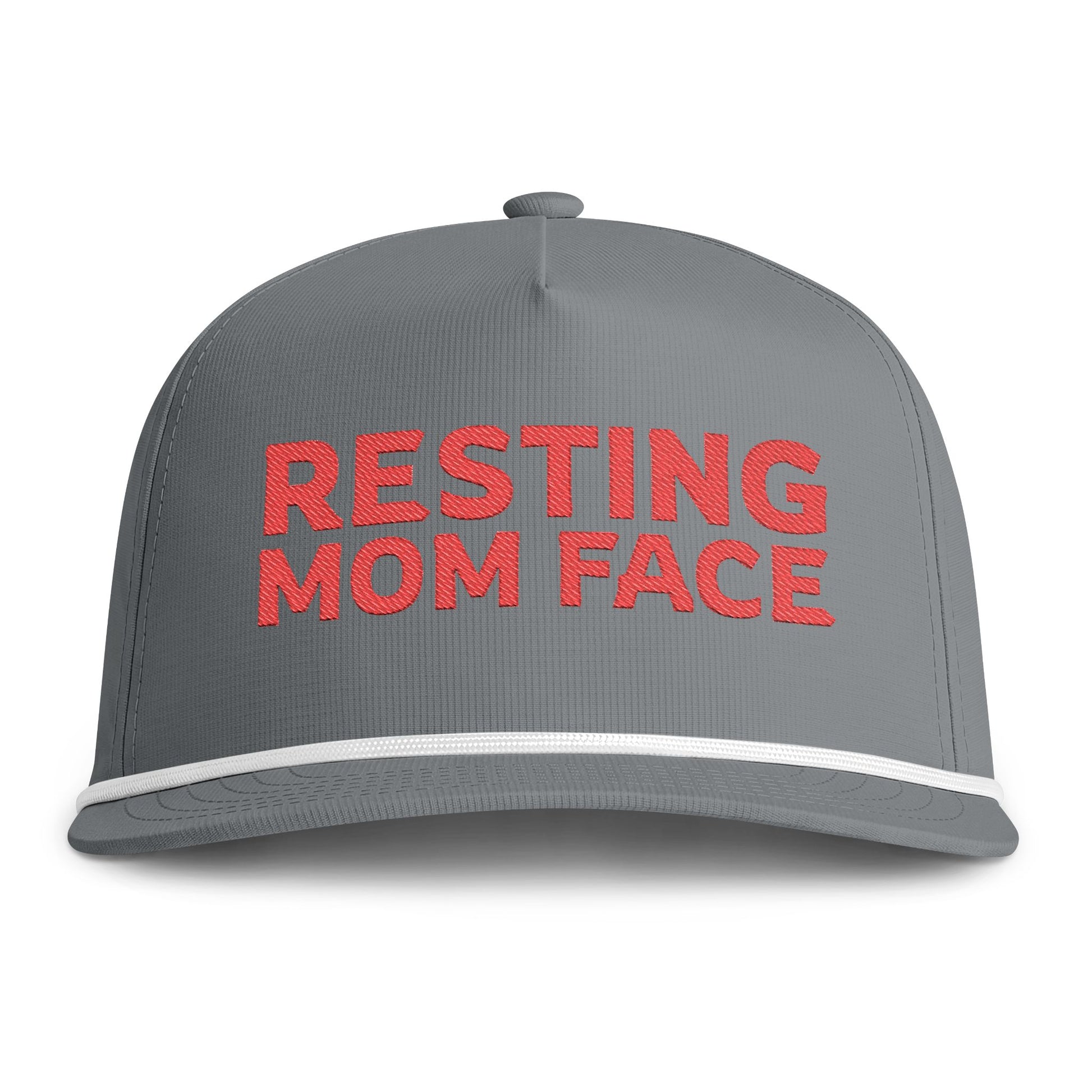 Image of a grey hat with red embroidery reading "Resting Mom Face"