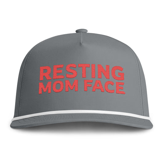 Image of a grey hat with red embroidery reading "Resting Mom Face"