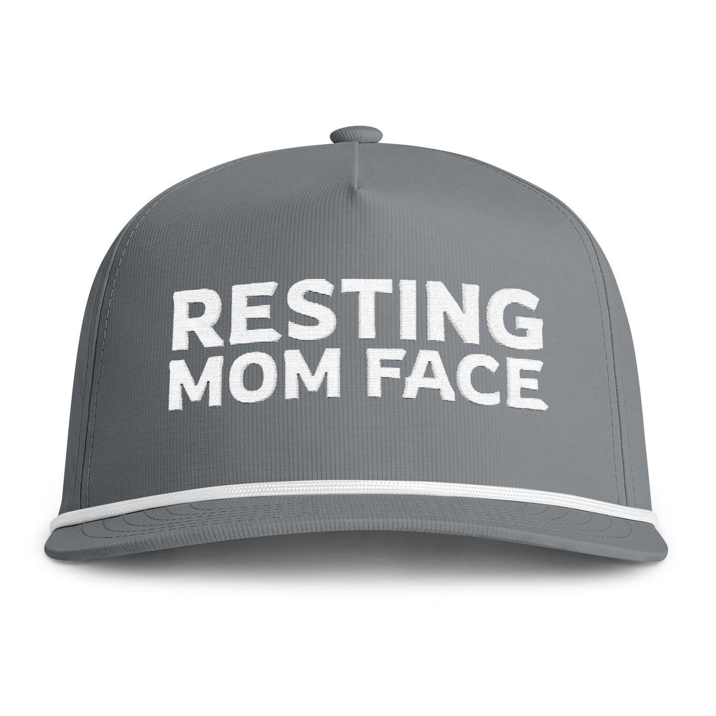 Image of a grey hat with white embroidery reading "Resting Mom Face"