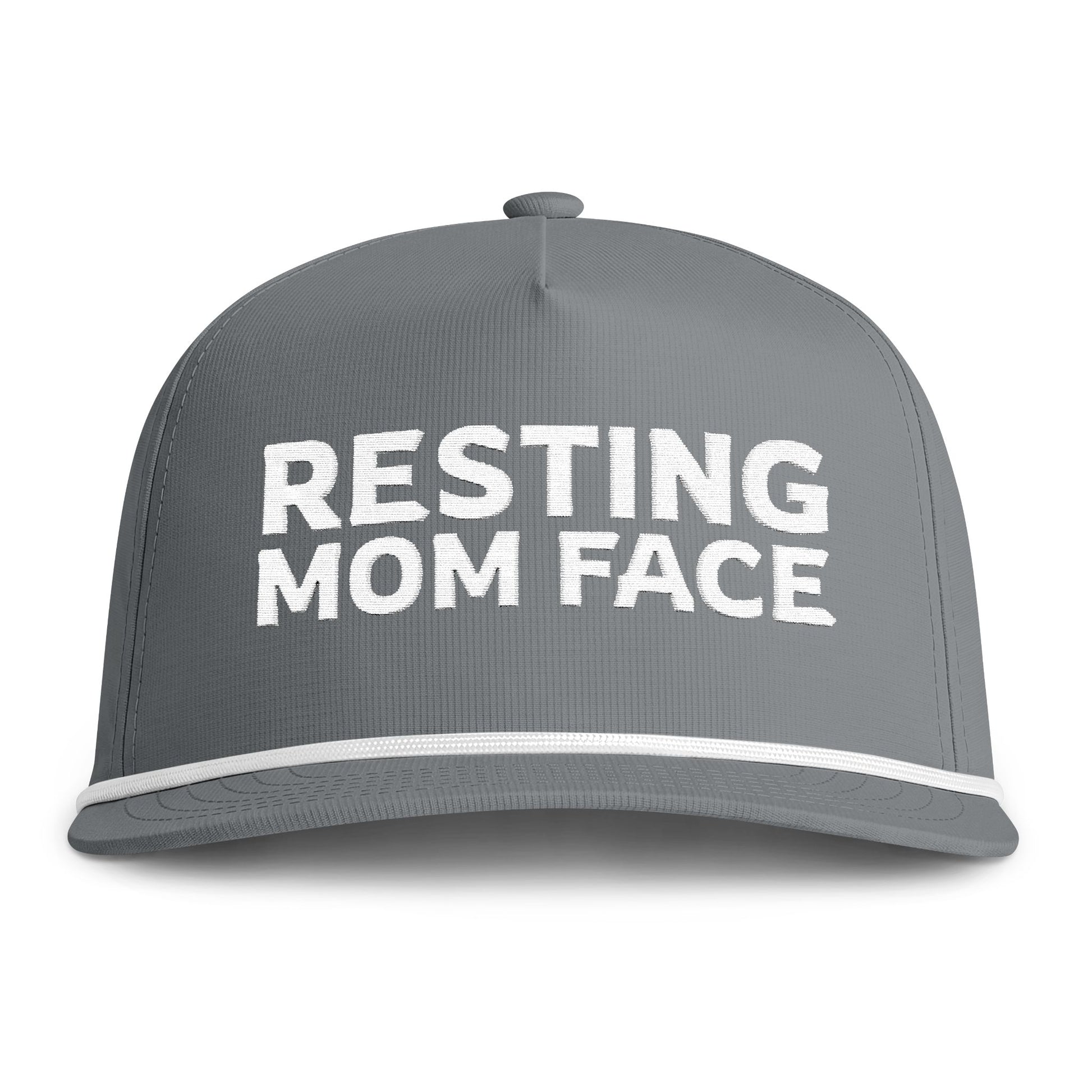 Image of a grey hat with white embroidery reading "Resting Mom Face"